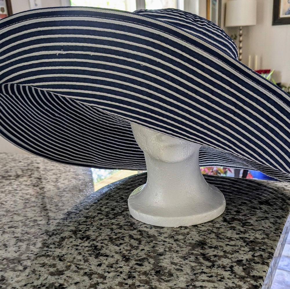 SUN N SAND Navy Blue and White Stripe Wide Brimmed Sun Hat
